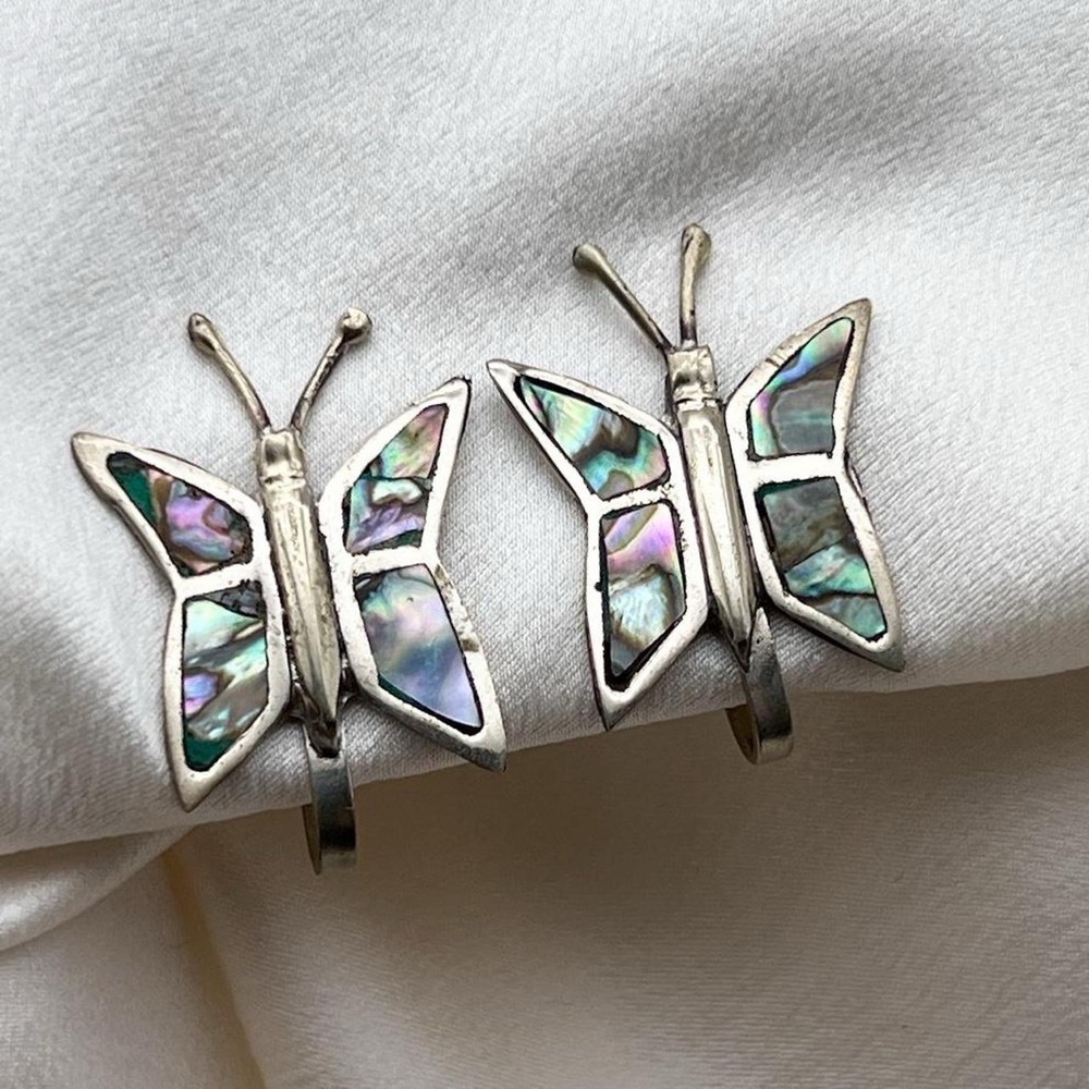 Vintage Mexican silver abalone inlay butterfly earrings
